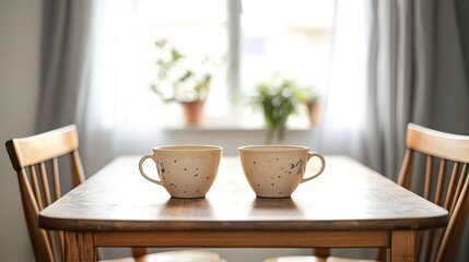 Fototapeta premium Two coffee mugs on a wooden table by a window.