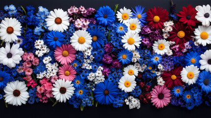 Floral Tapestry: A vibrant and colorful display of blooming flowers, showcasing a captivating arrangement of blue, white, pink, and red blossoms on a dark background.  
