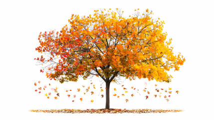 A vibrant autumn tree with colorful leaves falling, symbolizing seasonal change.