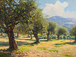 Naklejka premium Olive grove with trees bearing ripe olives, a classic Mediterranean farm