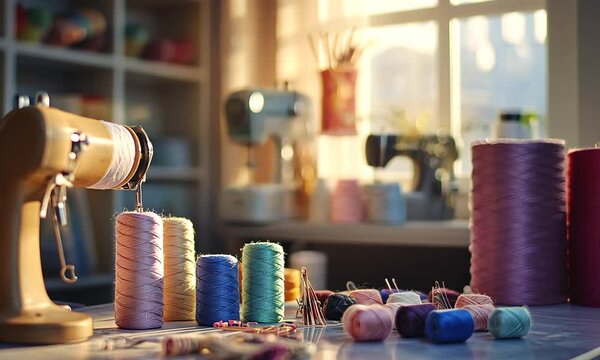 A sewing machine with colorful spools of thread and pins on a table, showcasing crafting tools.