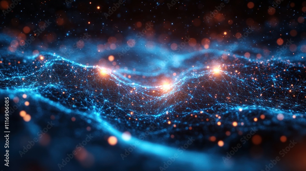 Poster abstract blue and orange glowing particles form a wavy pattern and texture in a digital space.