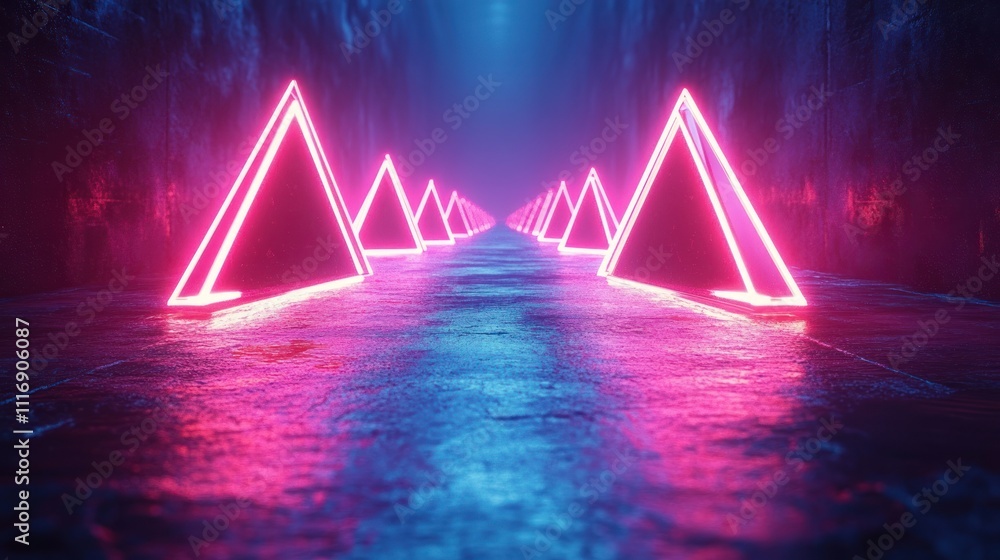 Poster a long, dark hallway illuminated by a series of glowing pink neon triangles. the triangles are arran