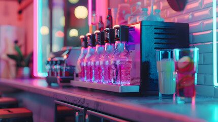 A vibrant bar scene with illuminated bottles and colorful drinks on a countertop.