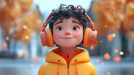 3D Illustration Boy with Headphones Autumn Background