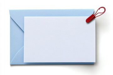 Blank Card Pinned with Red Paperclip on Light Blue Envelope Isolated on White Background