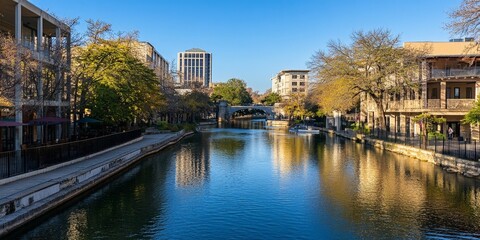 Obraz premium River running through a downtown area with modern and historic buildings on either side