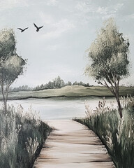 Boardwalk to lake, beautiful vintage oil painting 