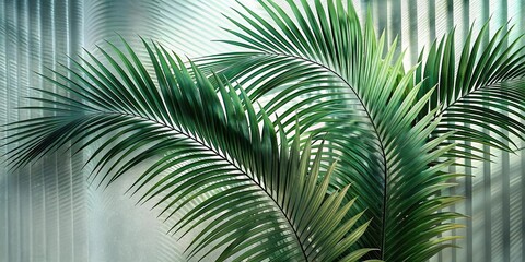 Green palm with reeded glass. Plant leaves. White Reeded Glass. Ribbed Background. Pure aesthetic behind frosted panel for modern beauty illustration. Luxury cosmetic wall with summer decoration.