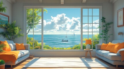 Fototapeta premium Modern living room with large windows overlooking a stunning ocean view, featuring white couches with orange throw pillows and a white rug.