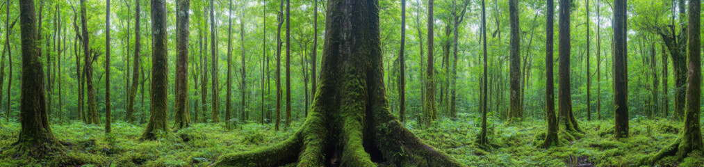 Obraz premium Ancient forest with towering trees, moss covered roots, and lush greenery creates serene atmosphere. This tranquil environment invites exploration and reflection