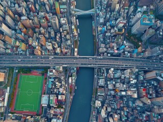 Obraz premium Aerial View of Cityscape with River and Soccer Field