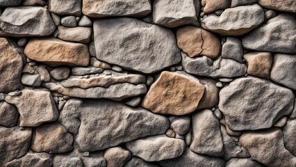 Obraz premium Close-up of a rustic stone wall with varying sizes and shades of gray and brown stones.