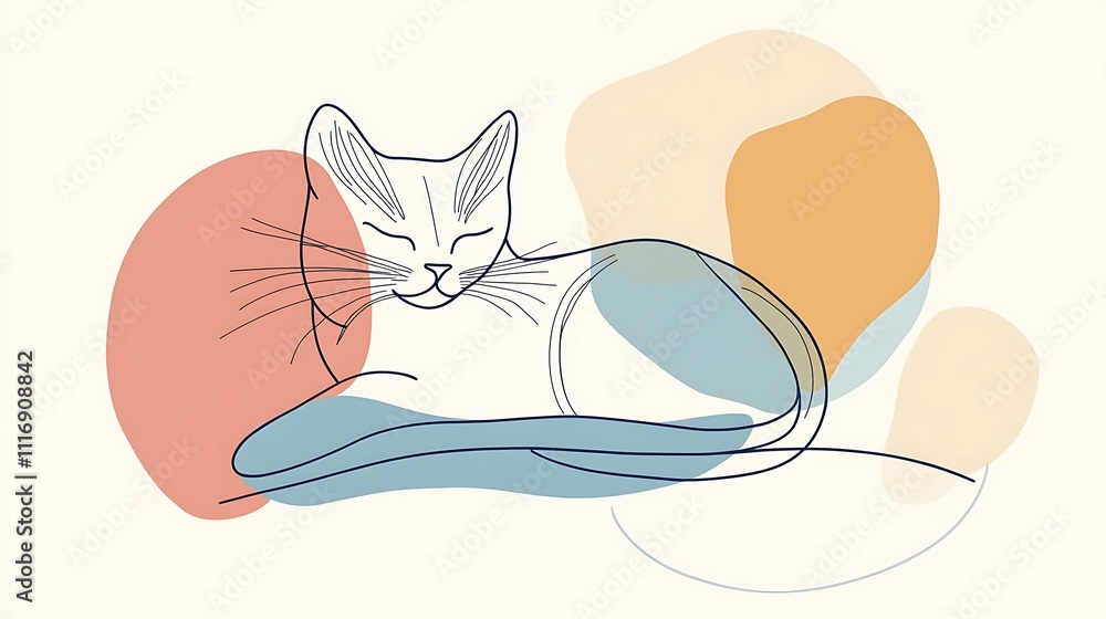 Poster a minimalist line drawing of a cat resting with colorful abstract shapes in the background.
