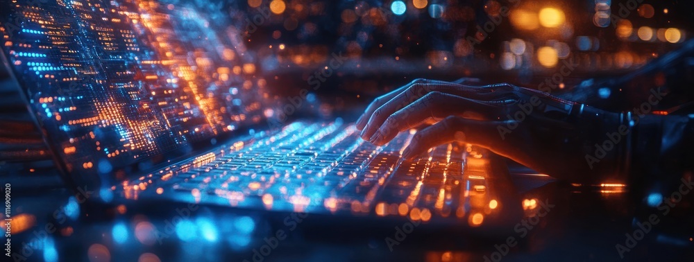 Poster futuristic workspace technology cyberpunk data center with engineer working on laptop and digital ov