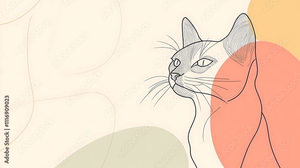 Poster a minimalist illustration of a cat with soft color shapes in the background.