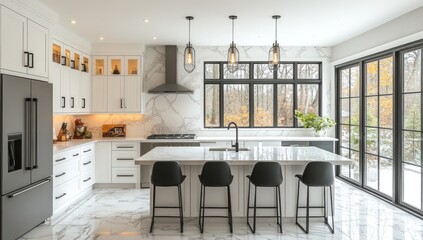 Modern Kitchen with Marble Countertops and Large Windows