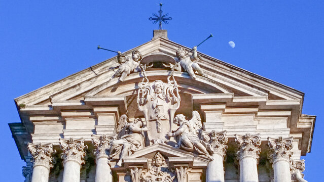 Fa&ccedil;ade of the Saints Vincent and Anastasius at Trevi church, a Baroque church built from 1646 to 1650 to the design of architect Martino Longhi the Younger. Rome. Italy, 2017