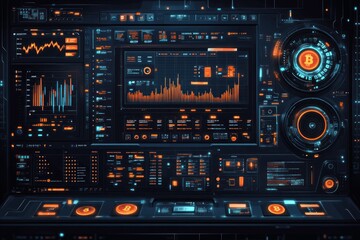 Obraz premium Futuristic digital dashboard with cryptocurrency data, charts, and graphs.