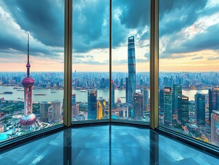 Skyline view from a skyscraper rooftop with panoramic views of the entire city