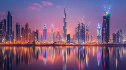 Fototapeta premium Skyline with iconic buildings illuminated in New Year Eve lights, celebrating the transition to a new year