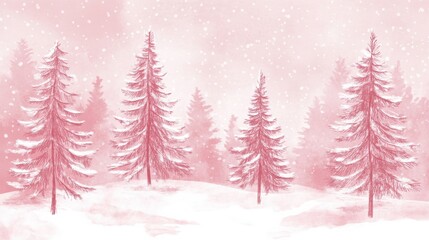 Obraz premium A Pink and White Winter Wonderland with Snowy Pine Trees and a Touch of Magic