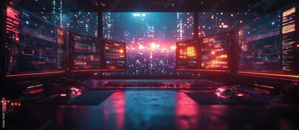 Aufkleber a dark and futuristic workspace with a keyboard, a mouse, and three computer monitors, two on the si