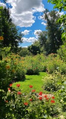 A vibrant garden filled with colorful flowers under a bright blue sky.
