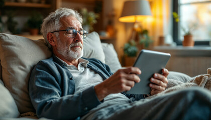 Obraz premium Elderly man using a tablet in a cozy room at night