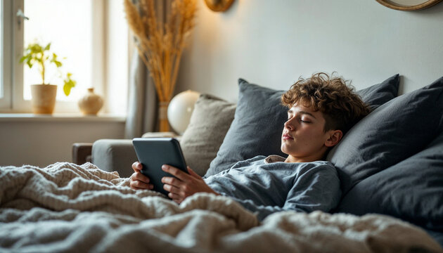 Teenager relaxing in bed while reading on a tablet