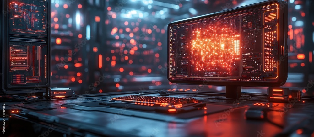 Aufkleber futuristic computer workstation with glowing interface and a blurry background of servers and lights
