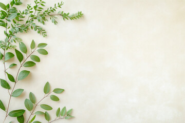 Botanical composition of green leaves on a beige background, ideal for natural designs. Copy space