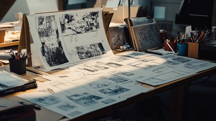 Storyboard sketches laid out for a film or animation project