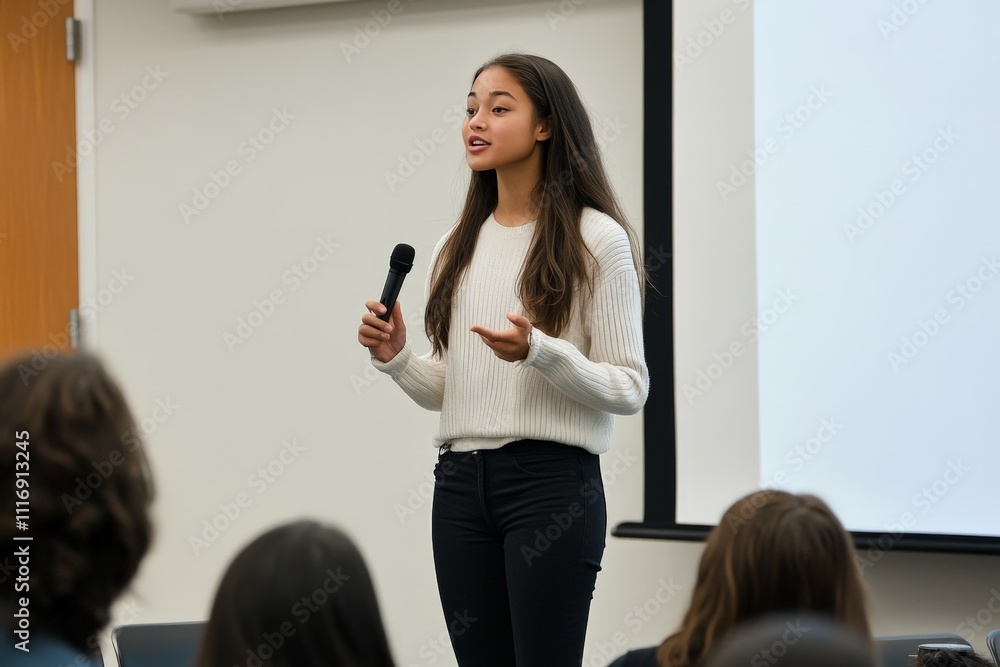 Poster student giving a presentation in front of the class, building public speaking skills