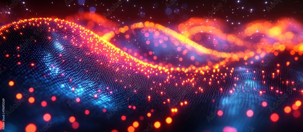Poster abstract digital background with glowing red and orange particles.