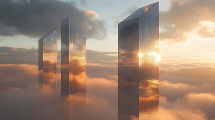 Futuristic towers with reflective glass surfaces shining through dense fog casting long shadows to highlight architectural evolution