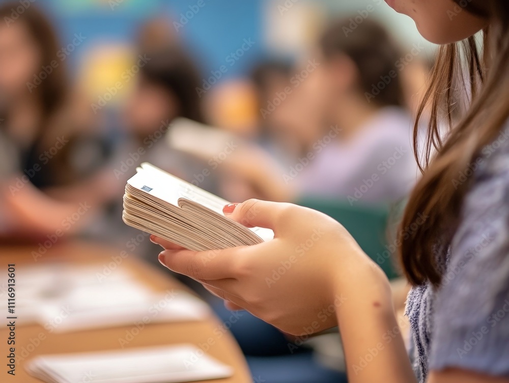 Poster student using flashcards to study vocabulary in a language class