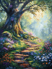 A painting of a forest with a path leading to a tree