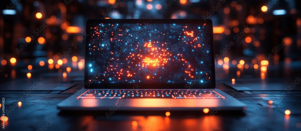 Aufkleber laptop with glowing screen displaying abstract digital data on dark background.