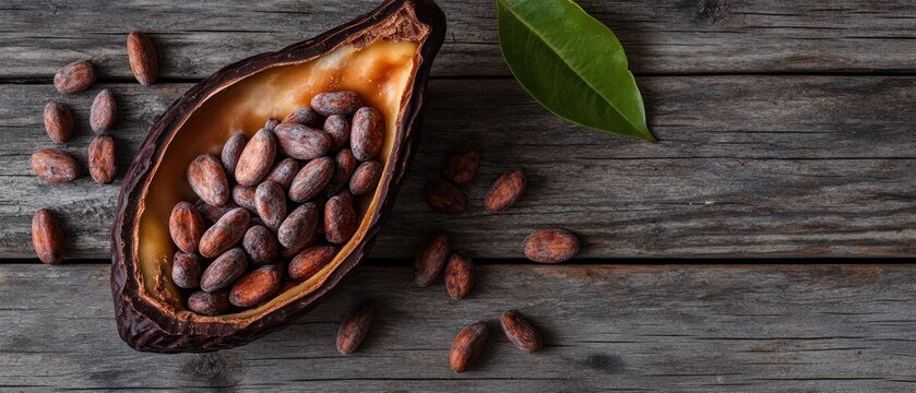 Cacao beans in an open cocoa pod on a wooden background with leaves