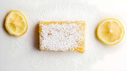 Lemon bar with powdered sugar dusting on white background