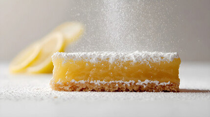 Lemon bar with powdered sugar dusting on white background