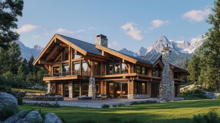 Obraz premium Swiss chalet-style cabin with sloping roof, large wooden beams, and mountain backdrop