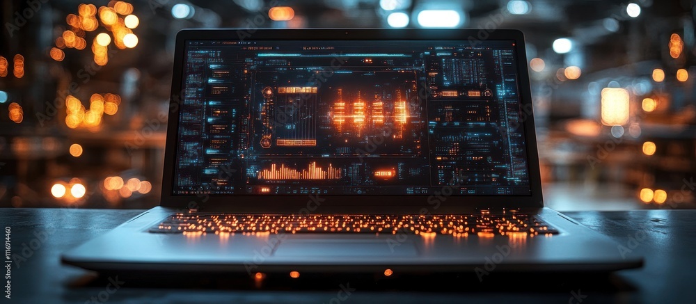 Poster modern laptop with glowing screen displaying digital data.
