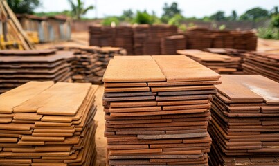 Stacked clay tiles in a construction yard ready for use.