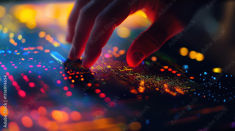 Poster high definition photo of developer debugging ai interface with colorful lights and patterns, showcas