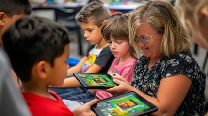 Fototapeta premium Teacher guiding students through a math game on tablets, making learning fun