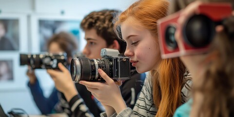 Teenagers learning photography in a creative workshop, experimenting with cameras
