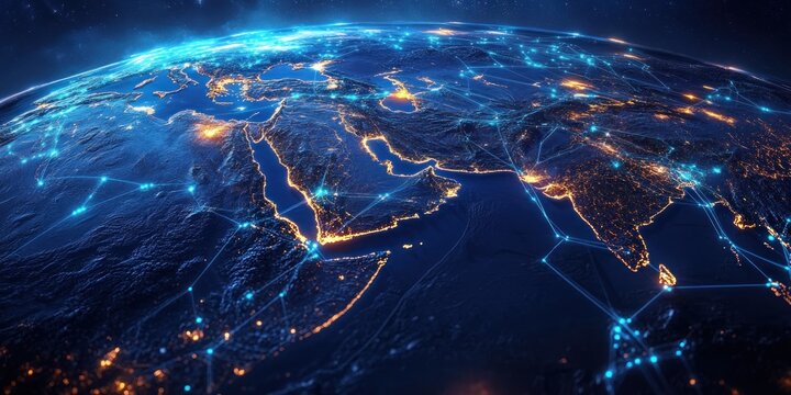 Global Connectivity and Data Transfer Map of Saudi Arabia, Middle East and North Africa in a Futuristic Style
