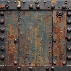 Rusted metal plate with rivets and bolts showing age and texture.